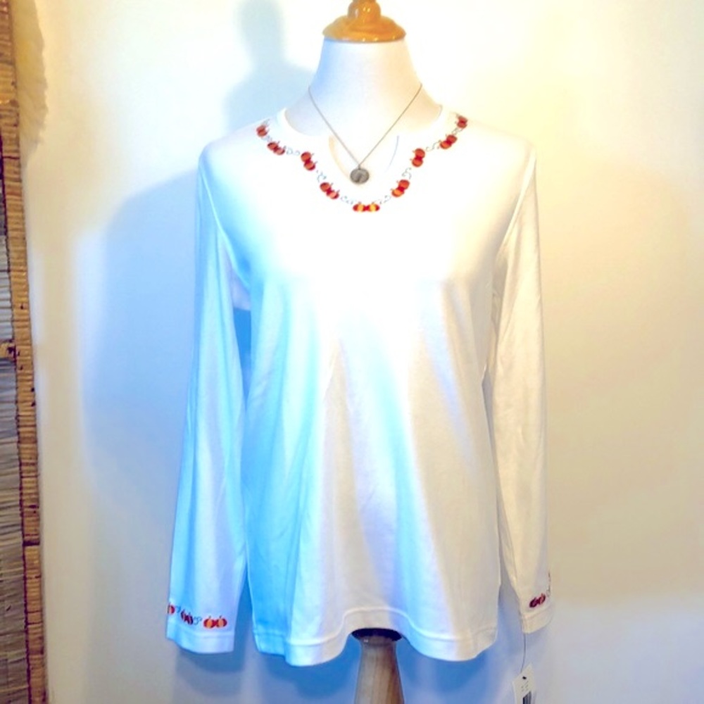 MERCER STREET STUDIO White w/Orange Halloween Pumpkin Fall Holiday Top-Medium